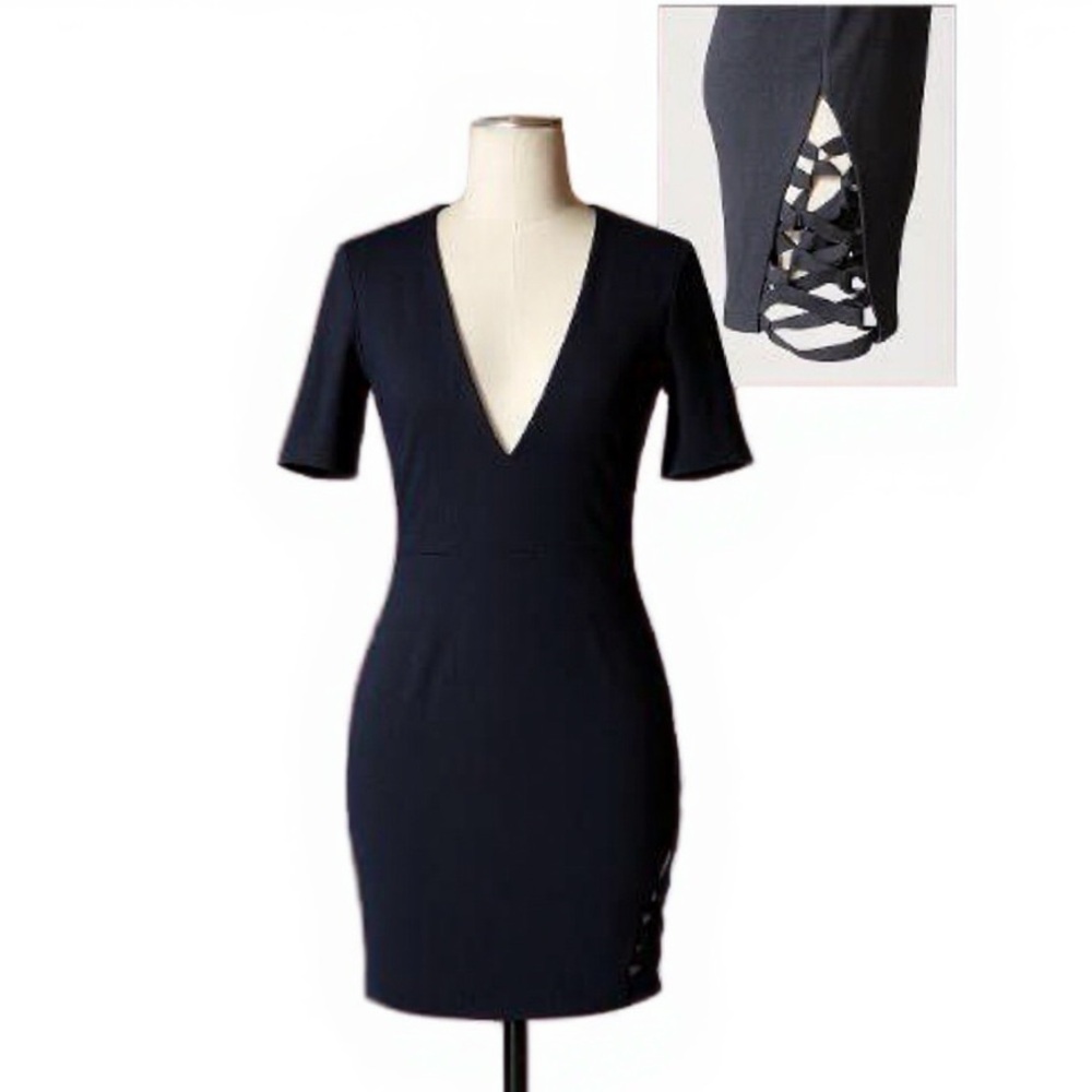 Gothic Black Mini Dress – Deep V Neck & Lace-Up Side Detail